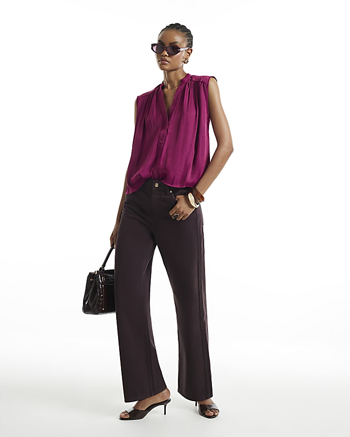 Pink Satin Gathered Sleeveless Shirt