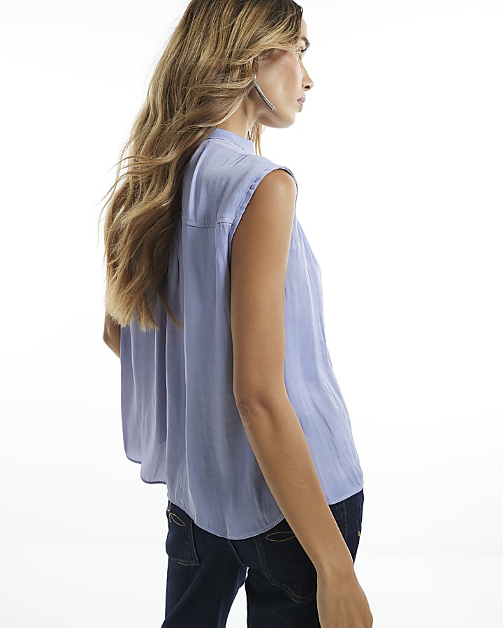 Blue Satin Gathered Sleeveless Shirt