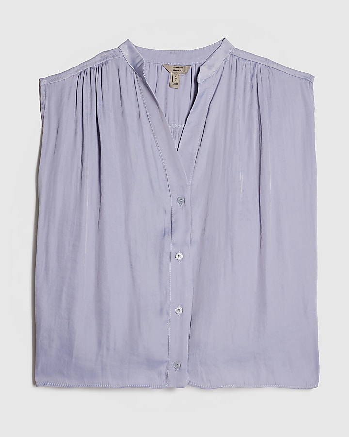 Blue Satin Gathered Sleeveless Shirt