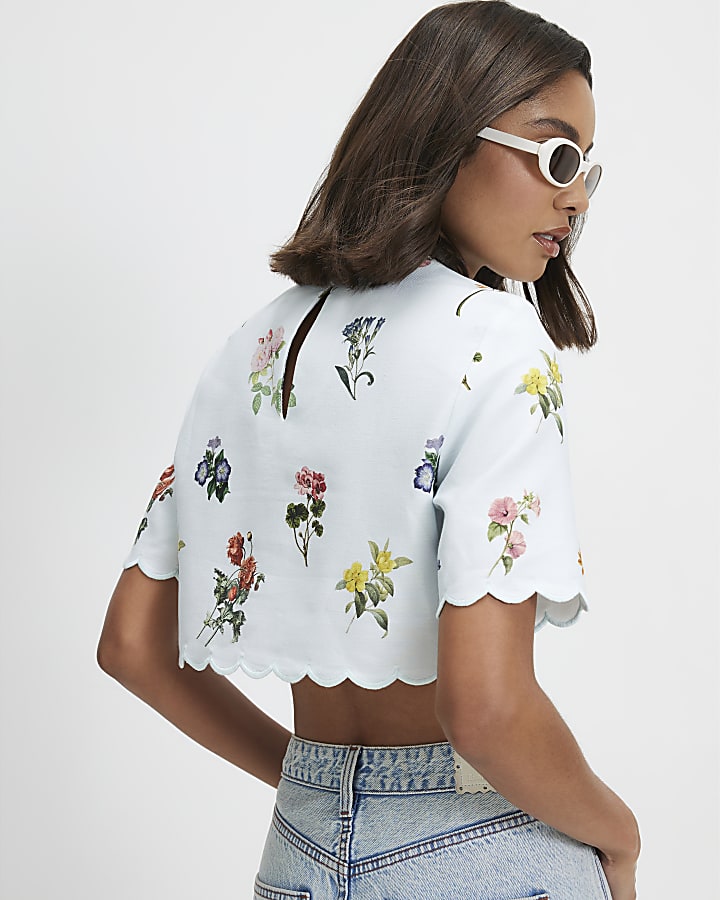 Blue Cotton Blend Floral Scallop Trim T-Shirt