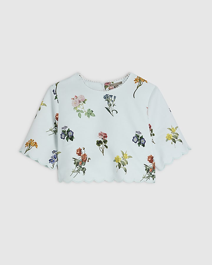 Blue Cotton Blend Floral Scallop Trim T-Shirt
