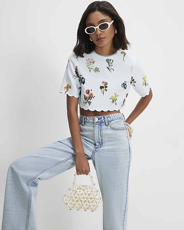 Blue Cotton Blend Floral Scallop Trim T-Shirt