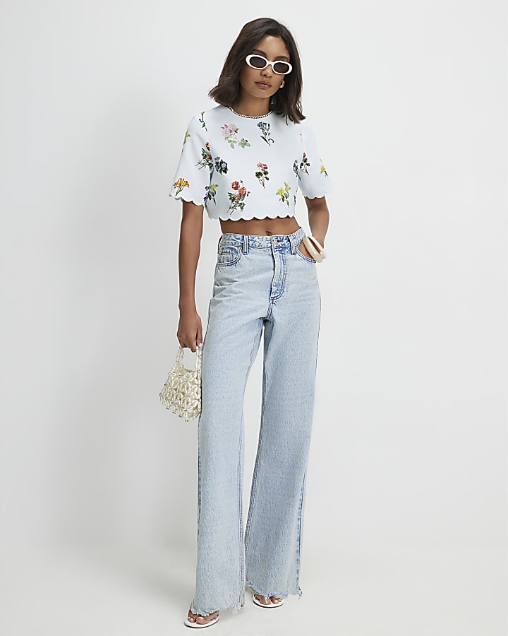 Blue Cotton Blend Floral Scallop Trim T-Shirt