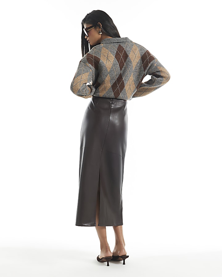 Purple Faux Leather Pencil Midi Skirt