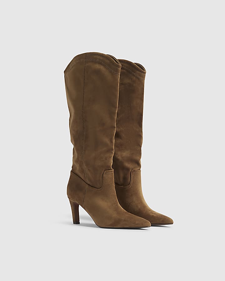 Brown Faux Suede Knee High Boots