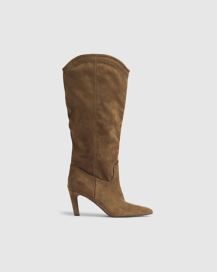 Brown Faux Suede Knee High Boots