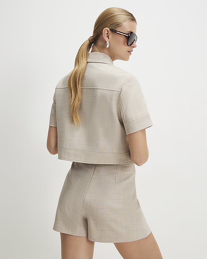 Beige Pocket Detail Cropped Jackt