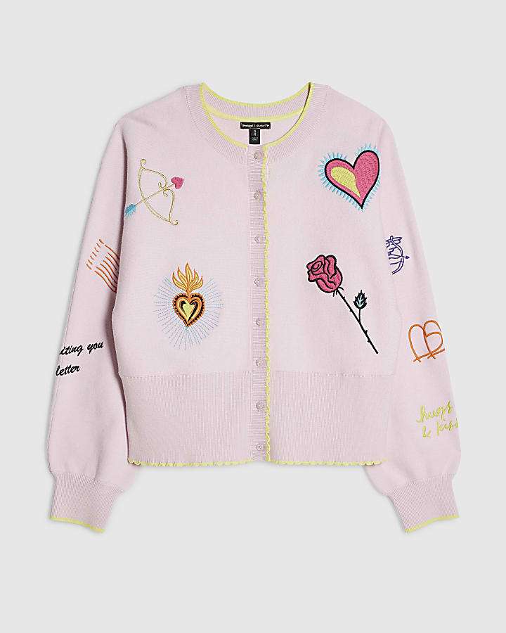 Pink Long Sleeve Embroidered Cardigan