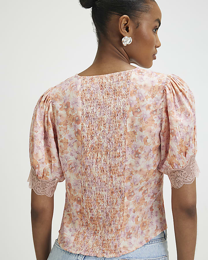 Pink Ditsy Floral Lace Trim Blouse