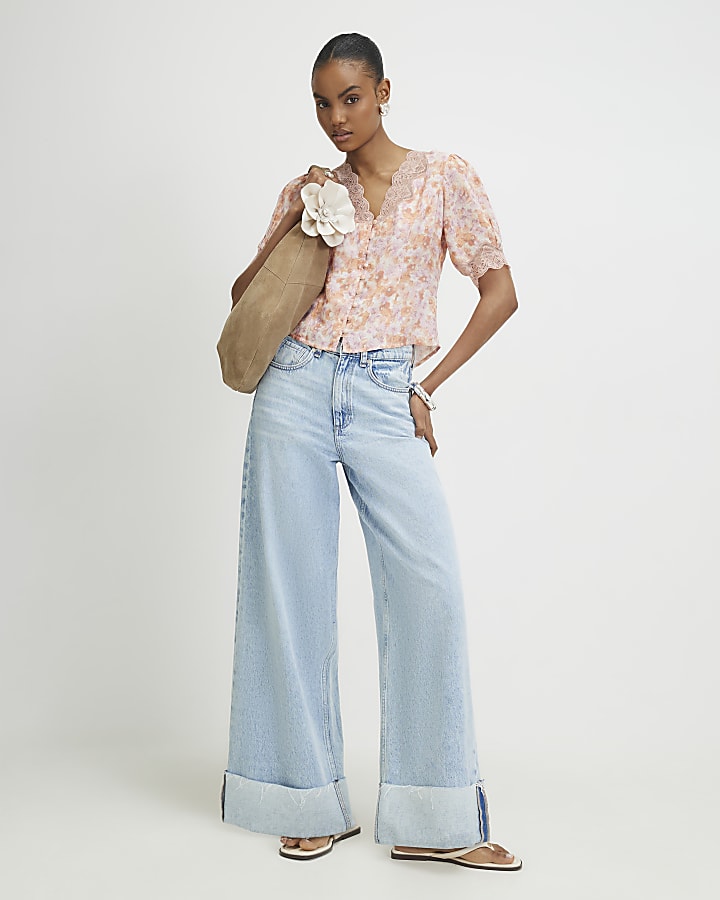 Pink Ditsy Floral Lace Trim Blouse