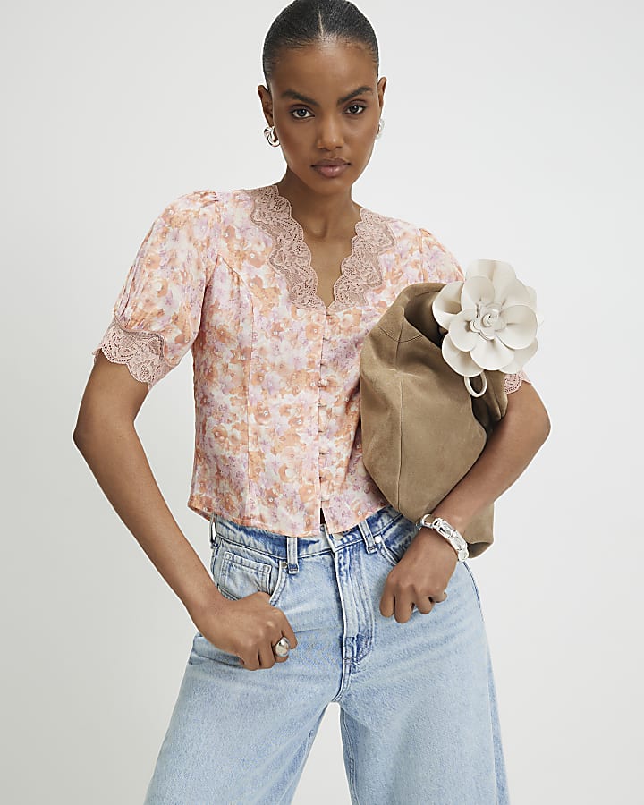 Pink Ditsy Floral Lace Trim Blouse