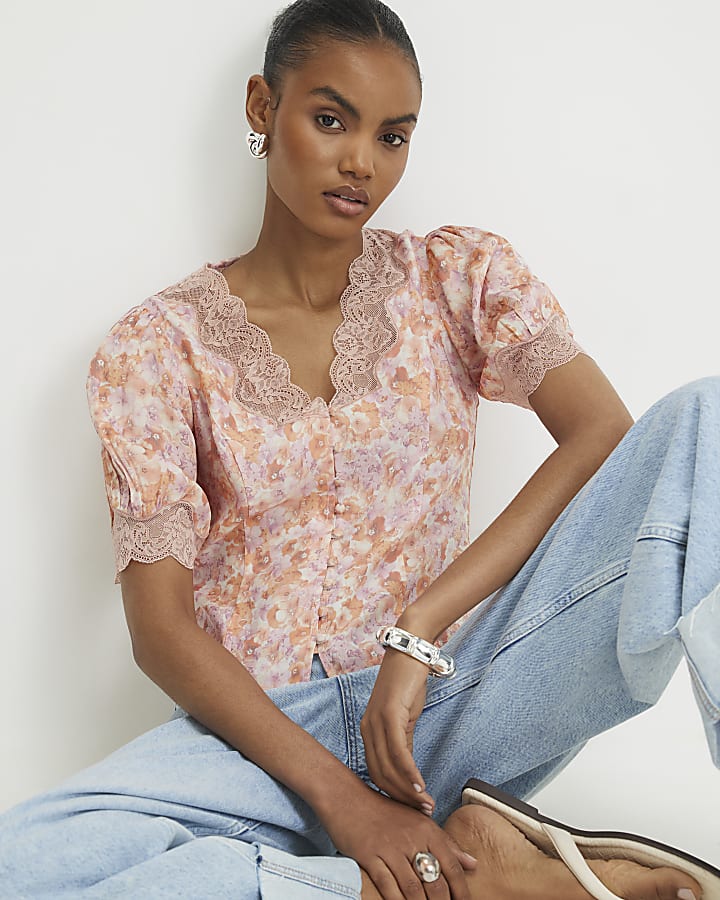Pink Ditsy Floral Lace Trim Blouse