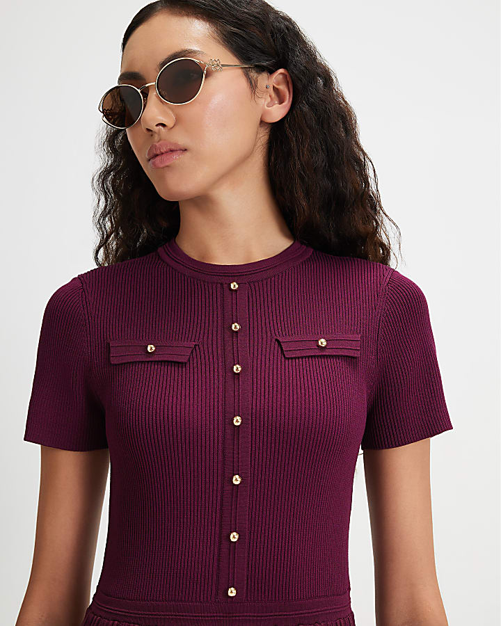 Red Cotton Pointelle Knit Midi Dress