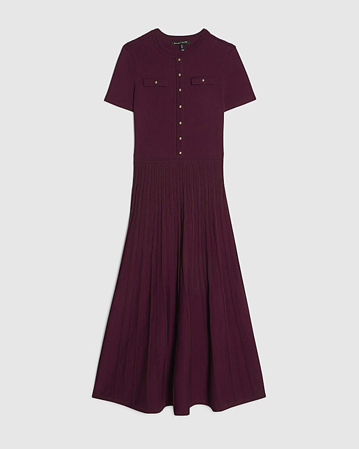 Red Cotton Pointelle Knit Midi Dress