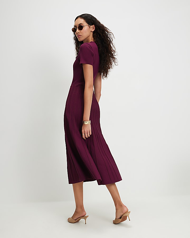Red Cotton Pointelle Knit Midi Dress