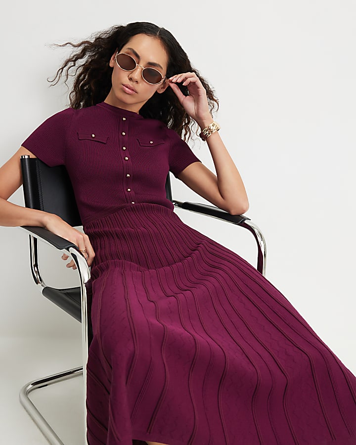 Red Cotton Pointelle Knit Midi Dress