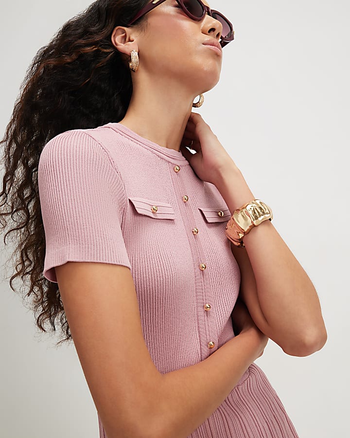Pink Pointelle Knit Midi Dress
