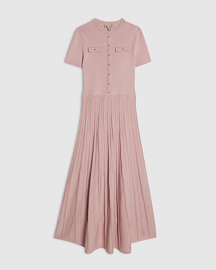 Pink Pointelle Knit Midi Dress