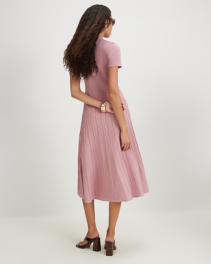 Pink Pointelle Knit Midi Dress