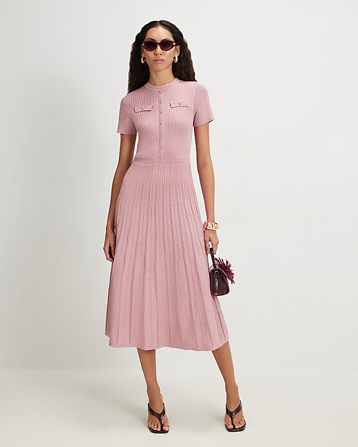 Pink Pointelle Knit Midi Dress
