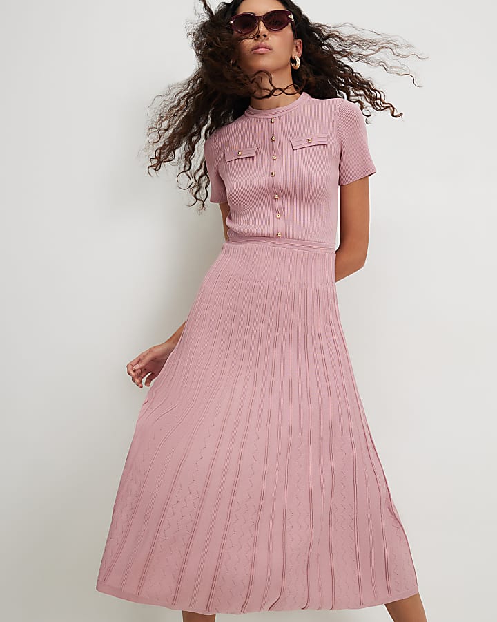 Pink Pointelle Knit Midi Dress