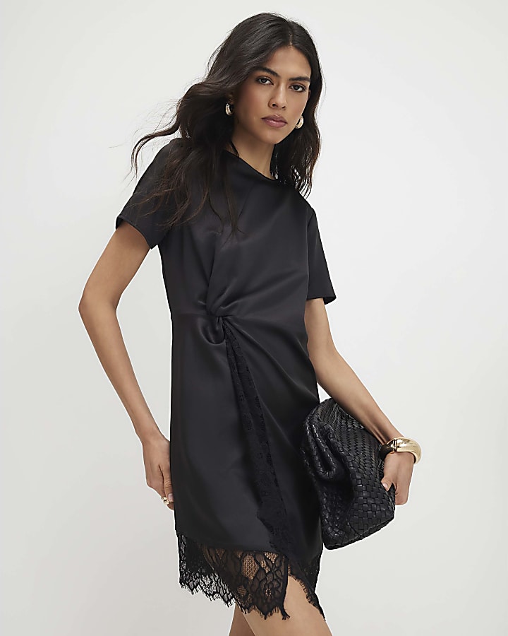 Black Satin Twist Side Mini Dress