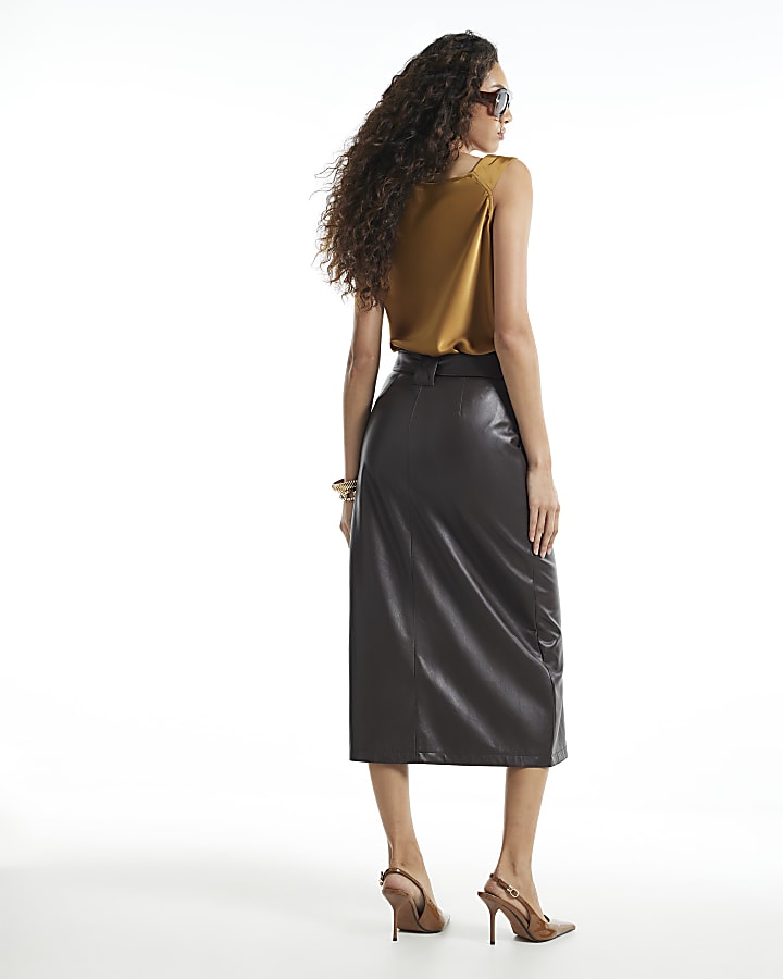 Purple Faux Leather Utility Belted Midi Skirt