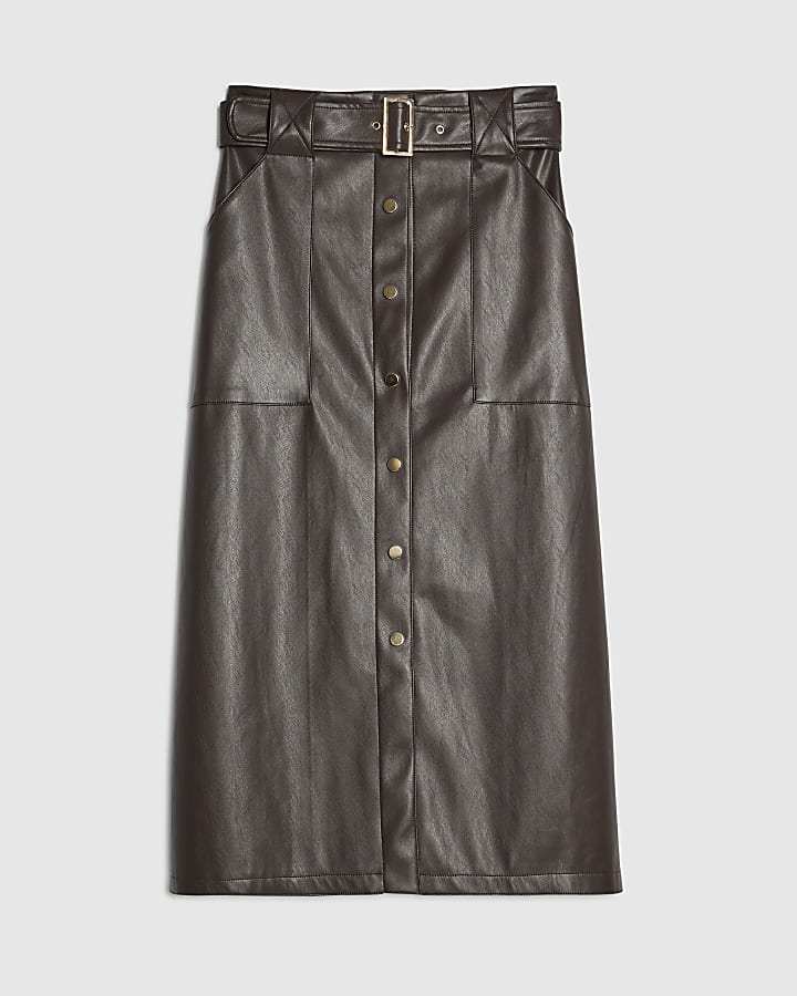Purple Faux Leather Utility Belted Midi Skirt