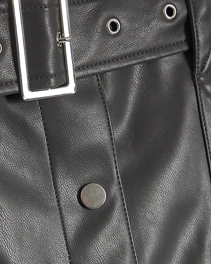 Grey Faux Leather Utility Belted Midi Skirt