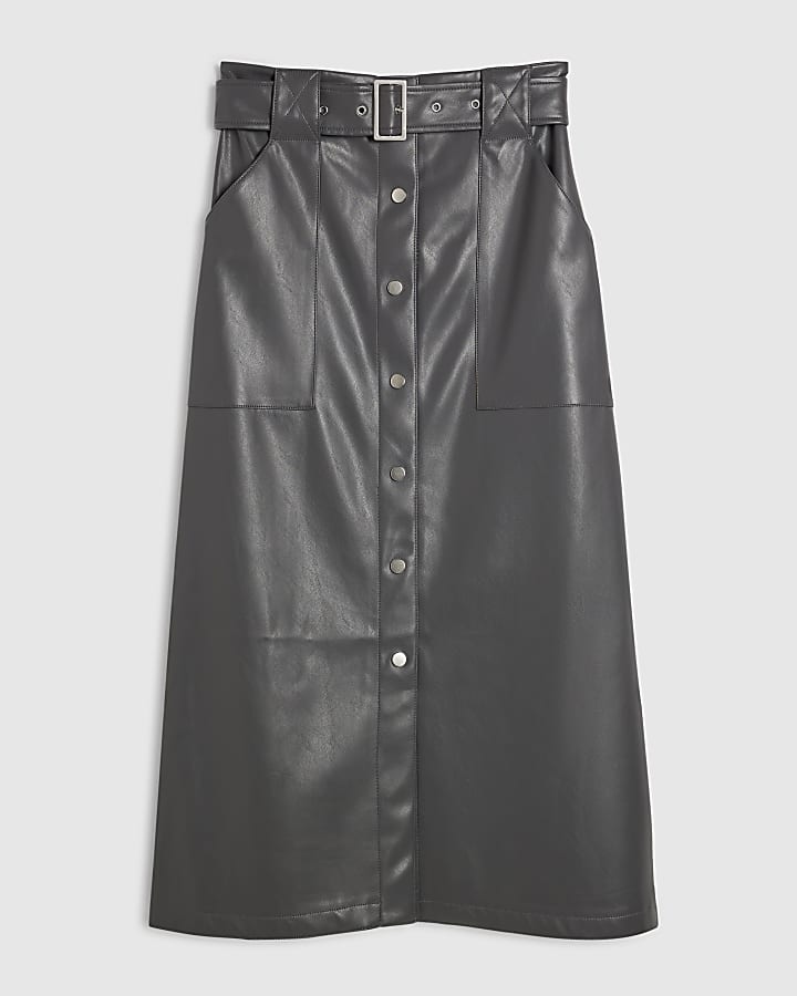 Grey Faux Leather Utility Belted Midi Skirt
