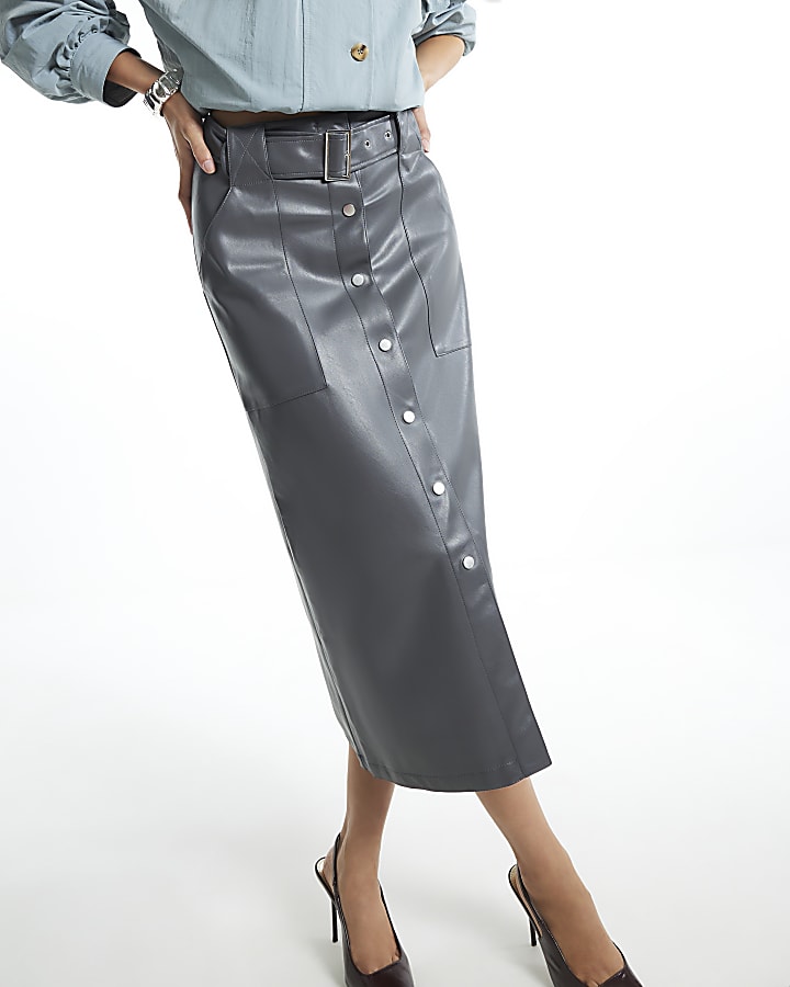 Grey Faux Leather Utility Belted Midi Skirt