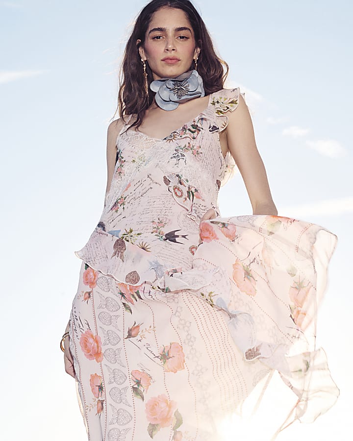Pink Script Print Slip Midi Dress
