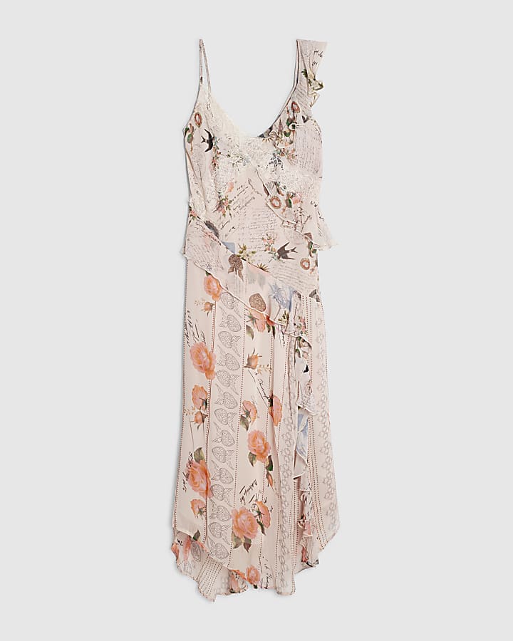 Pink Script Print Slip Midi Dress
