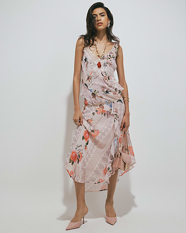 Pink Poet Print Slip Midi Dress