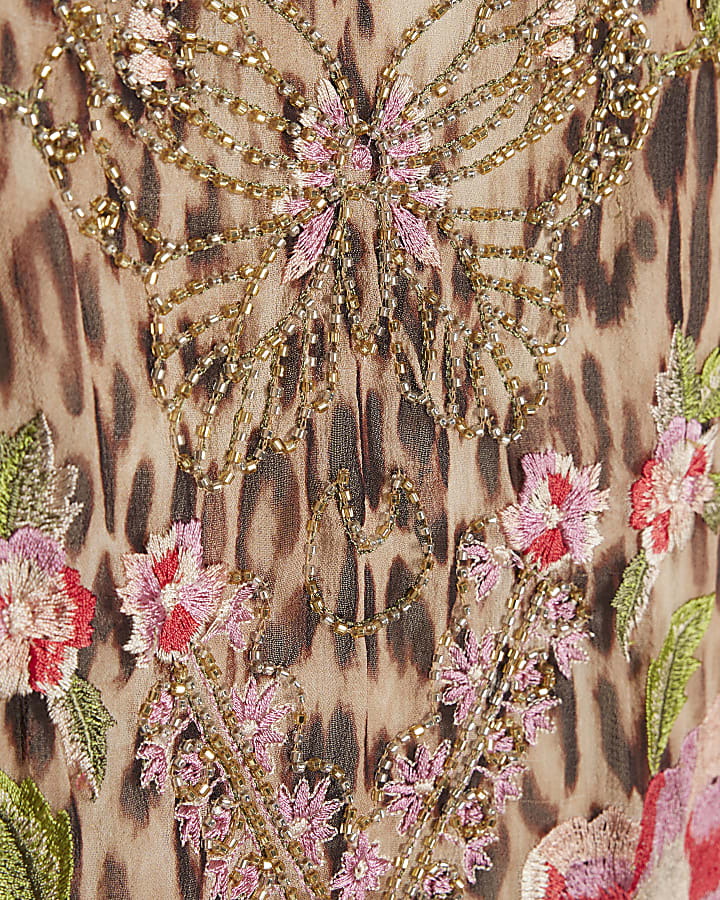 Brown Animal Print Embroidered Cami Top