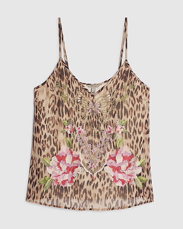 Brown Animal Print Embroidered Cami Top