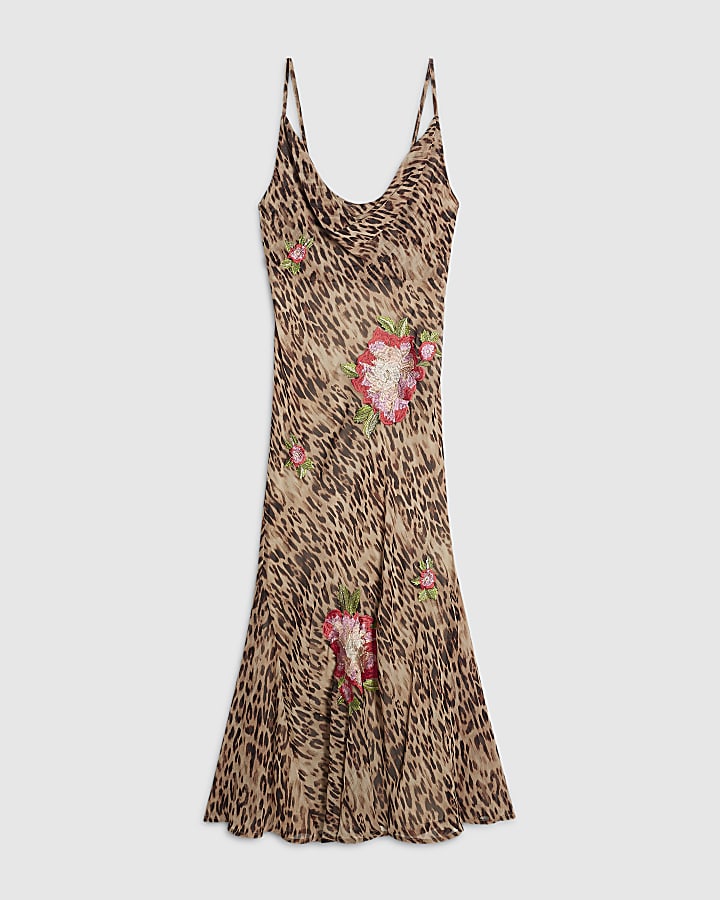 Brown Leopard Cowl Neck Slip Midi Dress