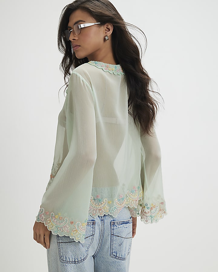 Green Soft Embroidered Tie Blouse