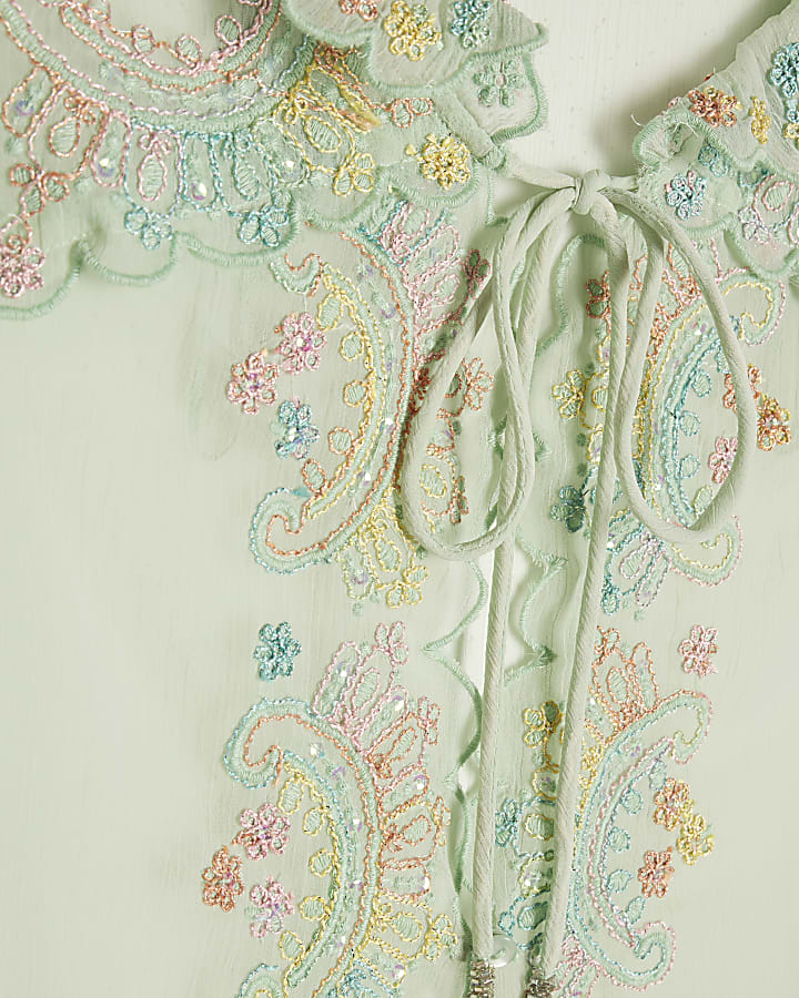 Green Soft Embroidered Tie Blouse