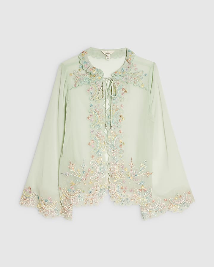 Green Soft Embroidered Tie Blouse