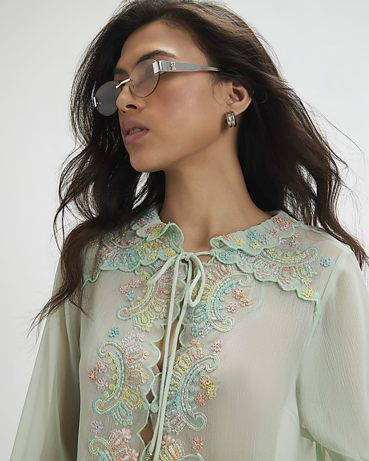 Green Soft Embroidered Tie Blouse