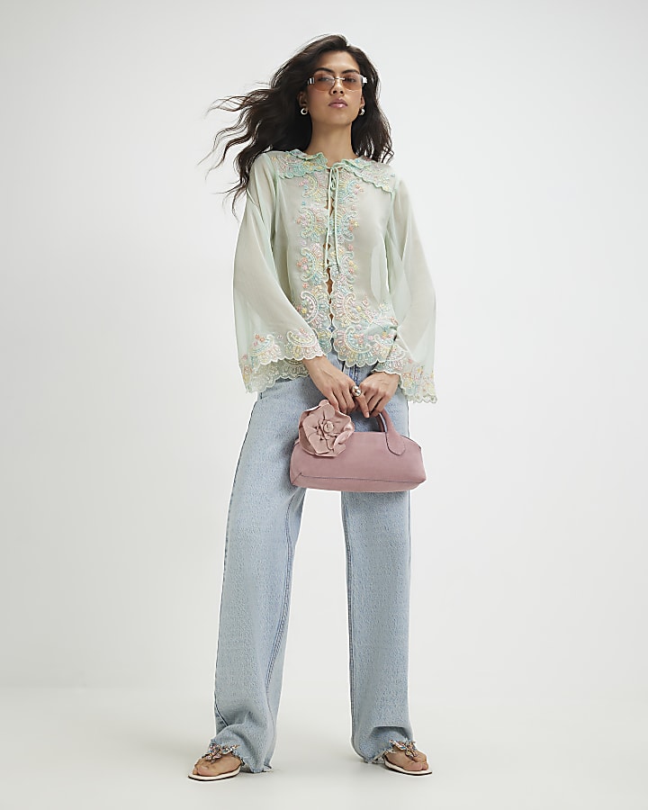 Green Soft Embroidered Tie Blouse