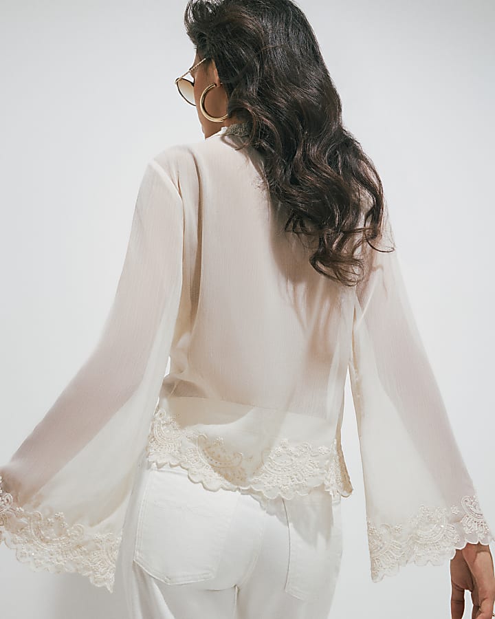 Cream Embellished Tie Neck Sheer Blouse