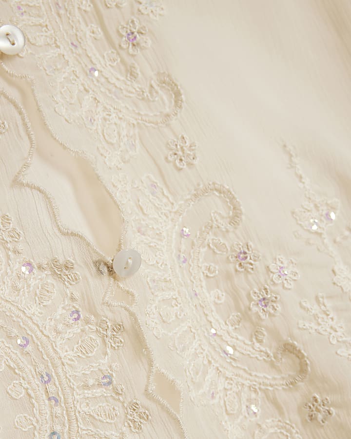 Cream Embellished Tie Neck Sheer Blouse