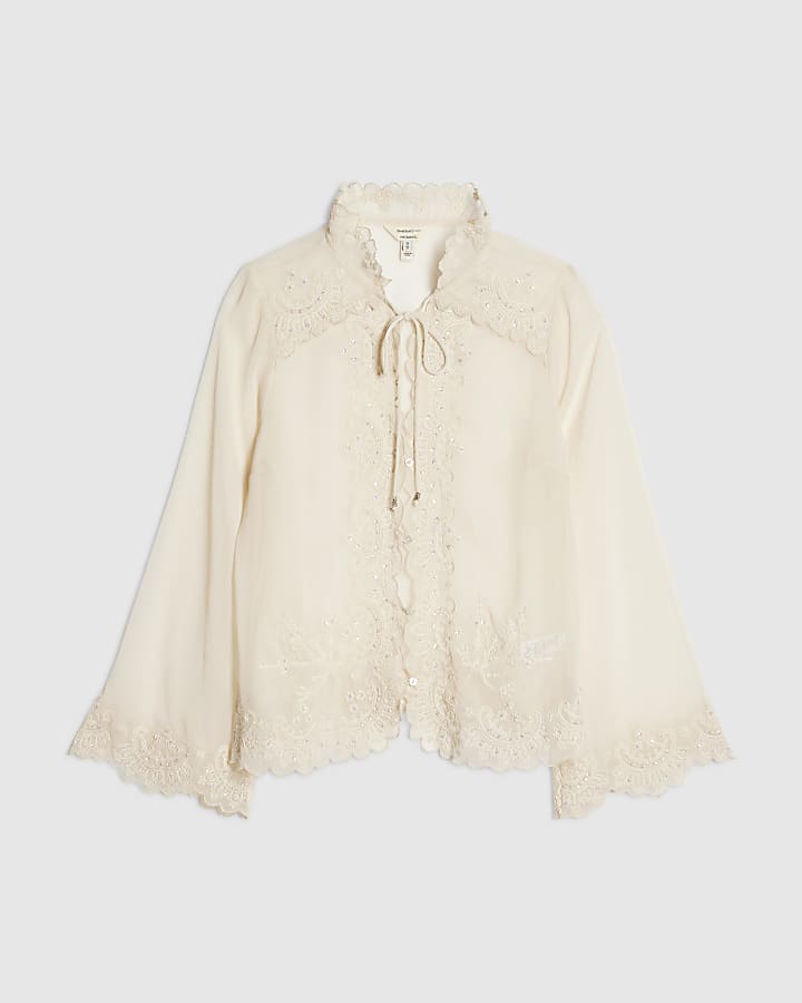 Cream Embellished Tie Neck Sheer Blouse