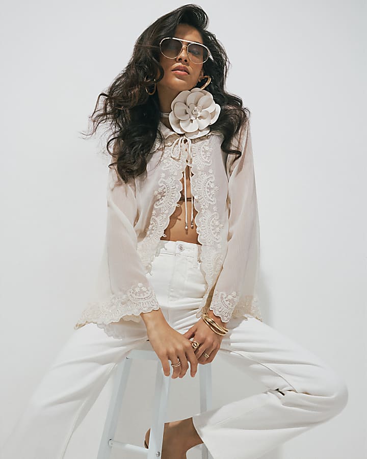 Cream Embellished Tie Neck Sheer Blouse