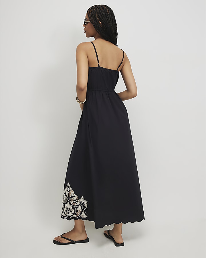 Black Cotton Cutwork Lace Midi Dress