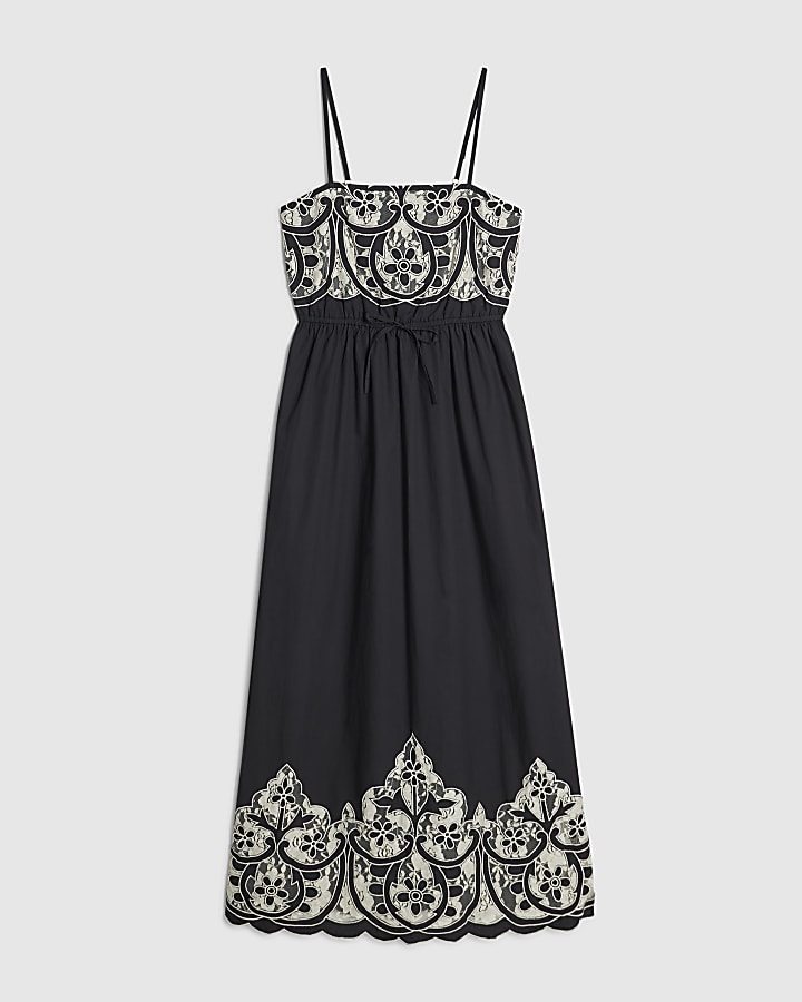 Black Cotton Cutwork Lace Midi Dress