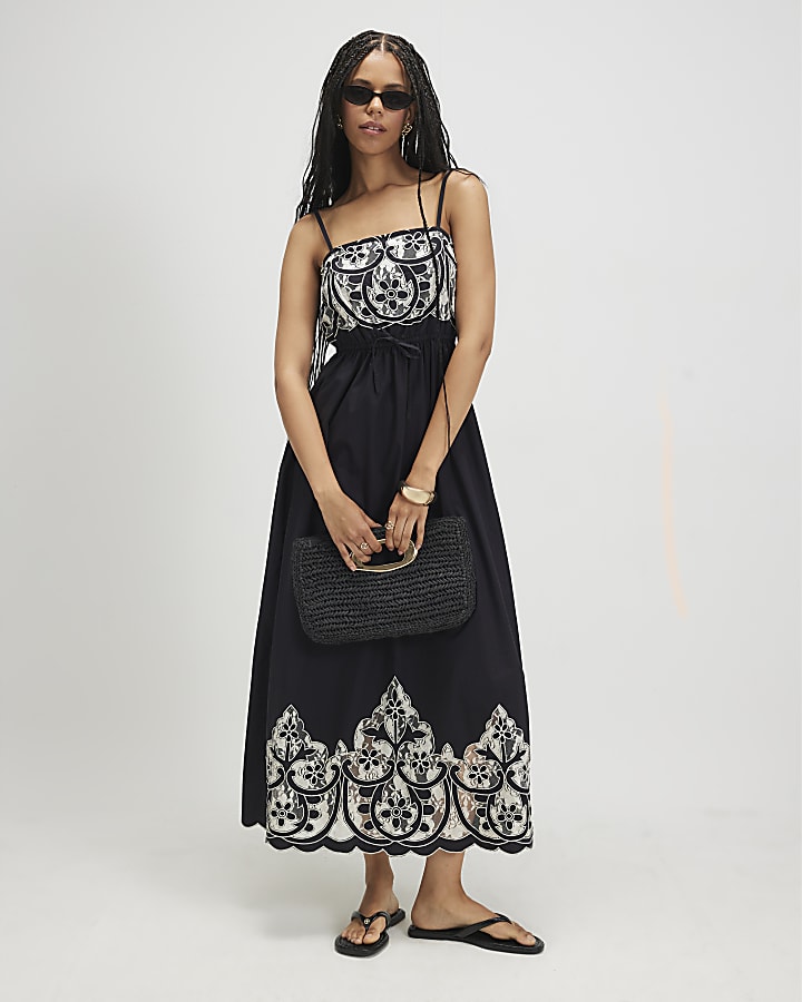 Black Cotton Cutwork Lace Midi Dress
