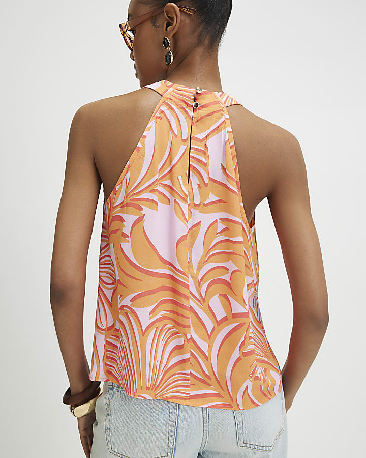 Orange Printed Halter Top